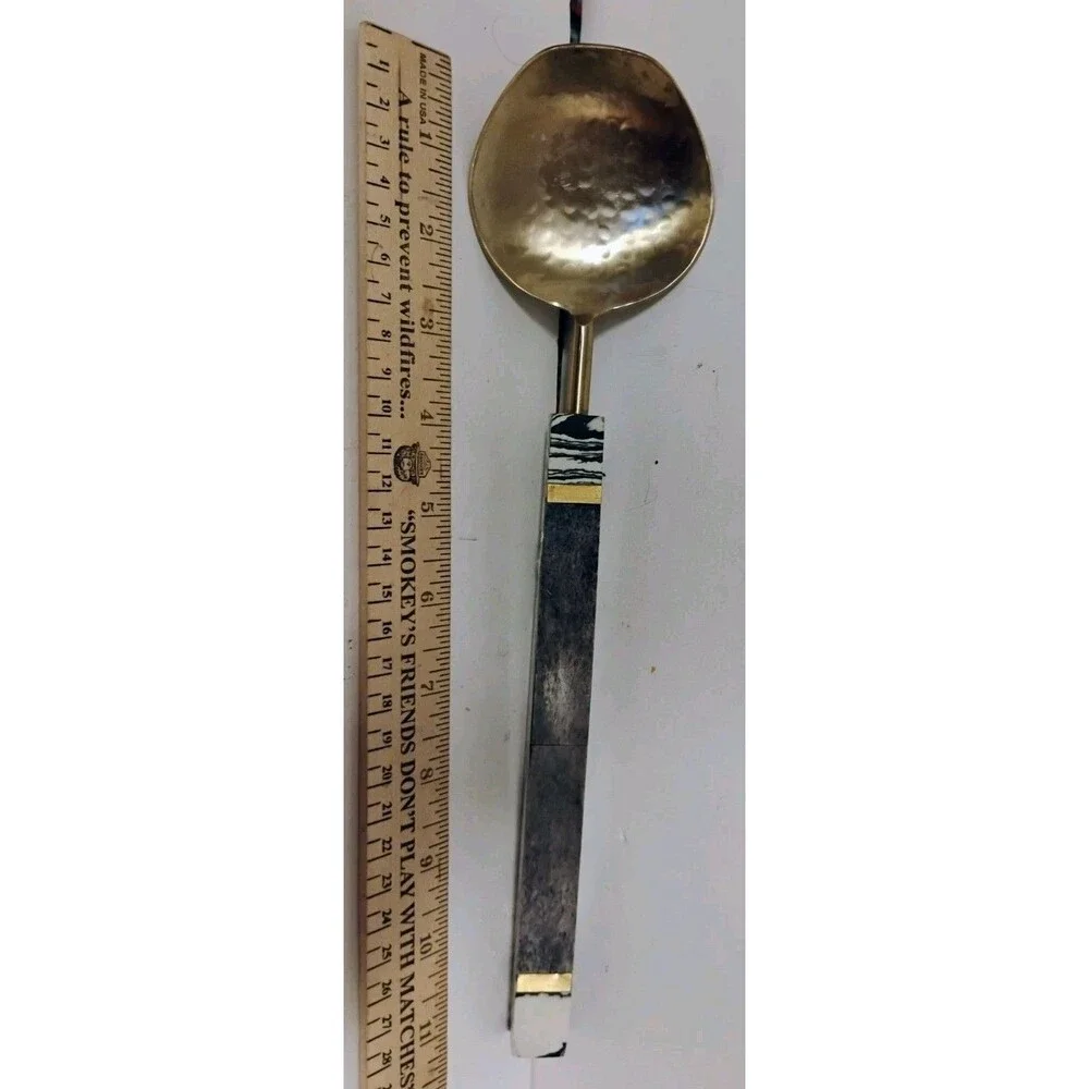 Anthropologie Hammered Brass Serving Spoon Black White Marbled Resin Handle
